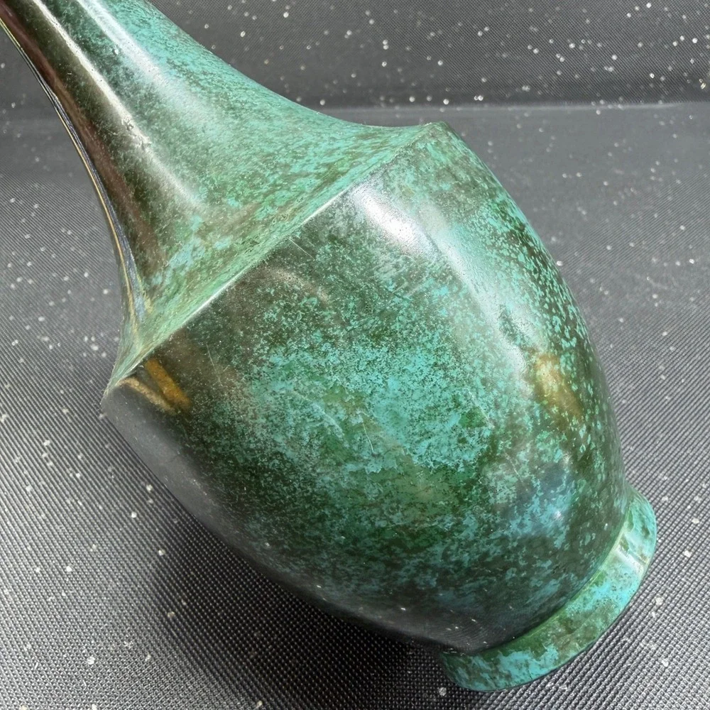Vintage 1967 Japanese Verdigris Bud Vase Long Neck Mid Century Modern 9.5Inch